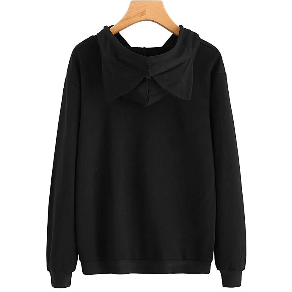 Womens Cat Ear Solid Long Sleeve Hoodie Cat Face Print Sweatshirt Hooded Pullover Tops Streetwear Women Oversized Hoodies