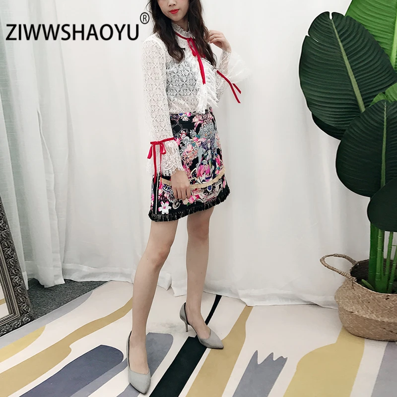 

ZIWWSHAOYU New Spring Female Fashion Suit Women Ruffles Lace Coat And Character Printed Tassel Skirt Vintage Two Pieces