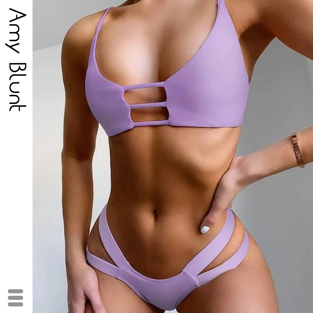 

Solid Bikinis 2021 Swimsuits Cut Out Swimwear Women Push Up Bathing Suits Solid Strap Biquini Beachwear Thong Bikini Set