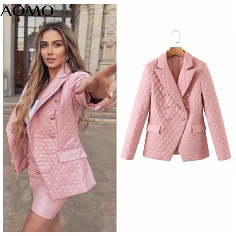 

AOMO Women Vintage Pink Thick Blazer Female Long Sleeve Elegant Jacket Ladies Suits 8H158A
