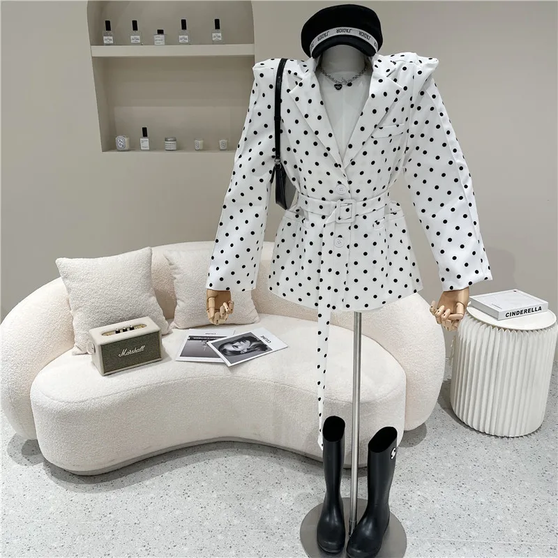 

Women's Spring Summer 2021 Niche Design Fashion Lapel Slim Fit Blazer Polka Dot Waist Long Sleeve Suit