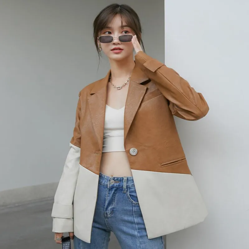 

Fashion Patchwork PU Leather Blazer Women 2021 New Autumn Ladies High Street Faux Leather Slim one button Suit Jacket q412