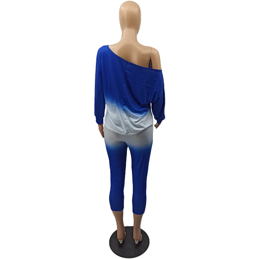 

Women's Summer Fashion Loose Long-Sleeve Top + Cropped Trousers Contrast Color Sexy Two-Piece Suit