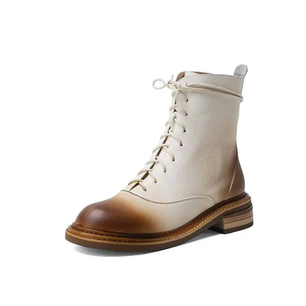 Murah Krazing Pot 2020 Ukuran Besar Kulit Asli Vintage Eropa Desain Round Toe Tebal Tumit Rendah Renda Pakaian Sehari-hari Pergelangan Kaki Sepatu L9f1
