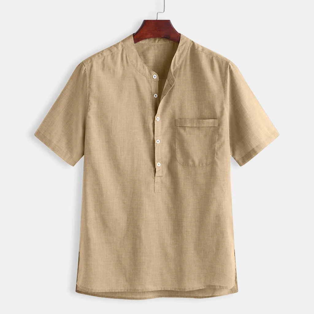 Летняя мужская крутая тонкая дышащая однотонная хлопковая рубашка на пуговицах