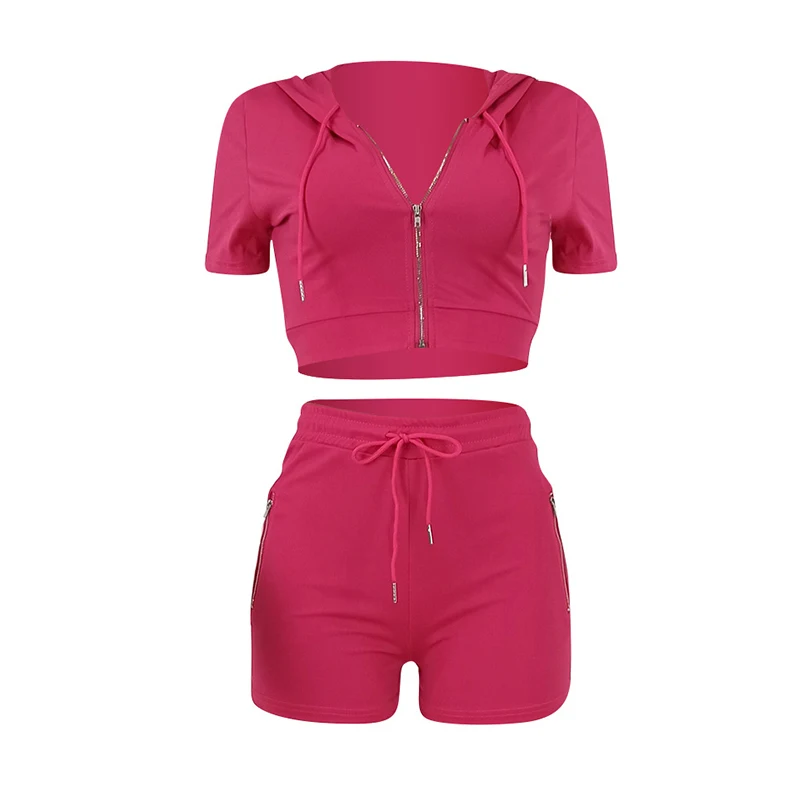 

Summer fashion woman short sleeve zipper hoodies and drawstring Hot pants leisure style slim sweat suits Wholesale Dropshipping