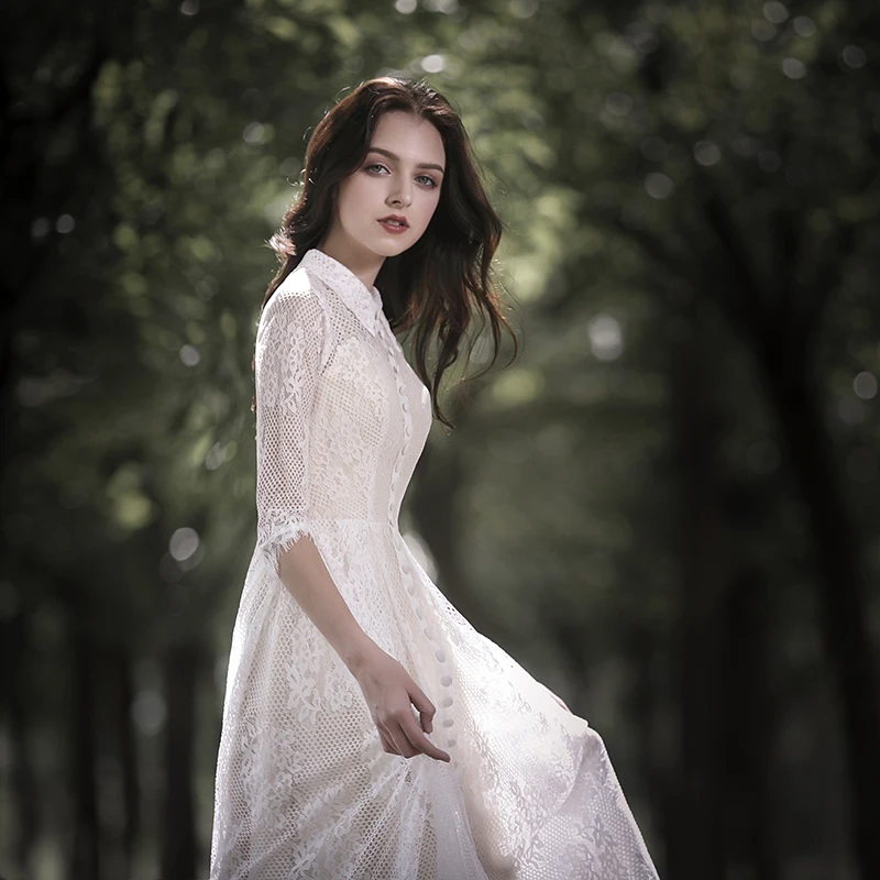 Elegant Lace Wedding Dresses Queen Abby A-line High Neck 3/4 Sleeves Tea-length Zipper-up Bridal Gowns For Plus size |
