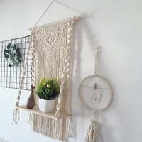 macrame tapestry wall with plant book storage hanging wooden shelf tapestry wall hanging living room home bedroom decoration