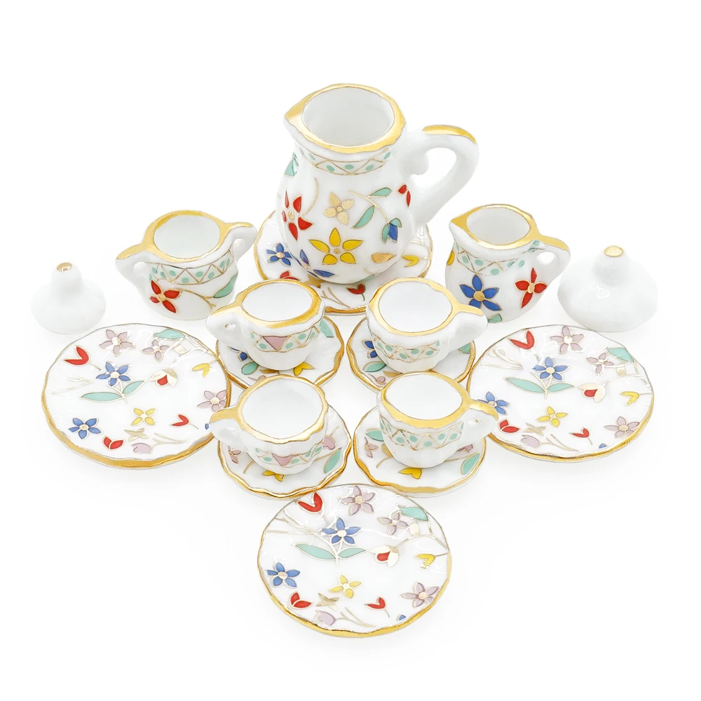 Миниатюрный чайный набор из 15 предметов фарфоровый с цветами кукольный домик