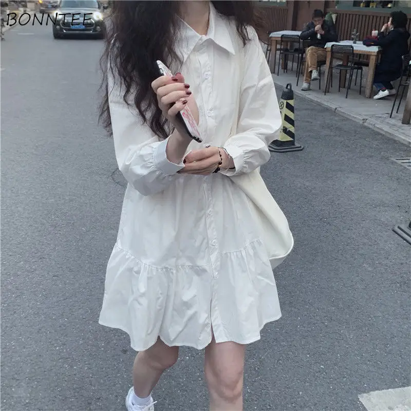 Abito bianco donna elegante estetica A-line primavera carino stile giapponese manica lunga Ulzzang Harajuku vestiti studenti Kawaii popolare