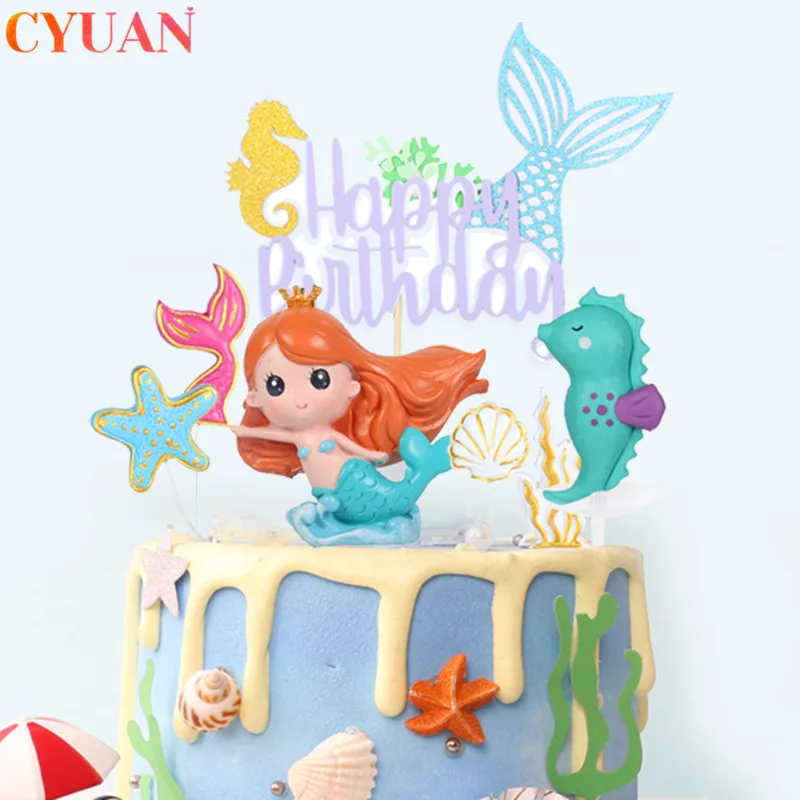 

Crown Mermaid Cake Topper Little Mermaid Decorations Happy Birthday Toppers Children Birthday Dessert Decoration Party Supplies