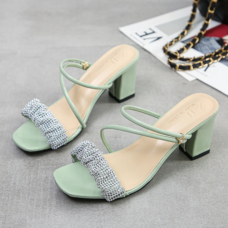 

Rhinestone sandals women's summer high heels 2021 new low-heeled thick heel fairy style sandals and slippers women