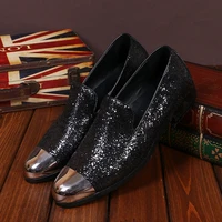 christia bella british style large size men black sequins real leather flats shoes metal round toe man party dress loafers shoes