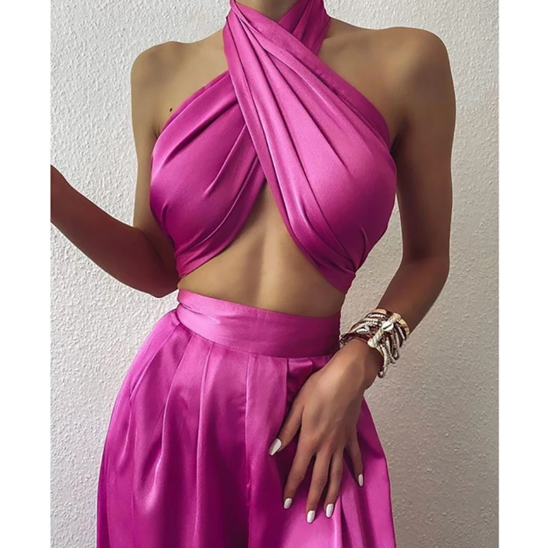 

Summer Sexy Jumpsuit Luxury Silk Satin Solid Flare Pant Romper Elegant Outfit Party Wear Jumpsuit Women Combinaison Femme
