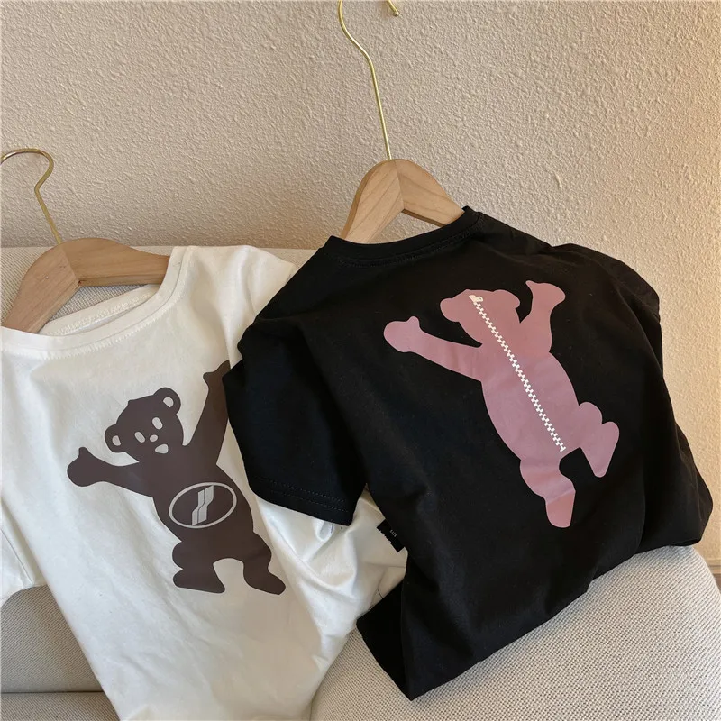 

Children's T-shirt Baby Boys and Girls Cartoon Zipper Bear Short-sleeved T Shirt Baby Korean O-neck Top Tees Toddler Outwear