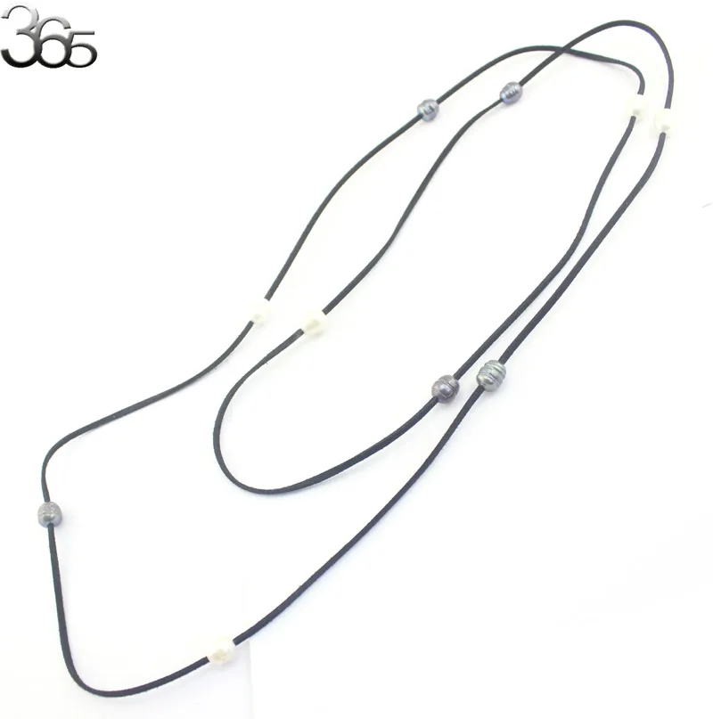 Бусины из натурального жемчуга колье черной кожи с крупным рисовым пресноводным