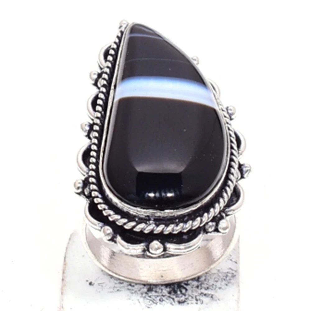

Genuine Botswana Agate Ring Silver Overlay over Copper , Hand Made Women Jewelry gift , Size: 8.25