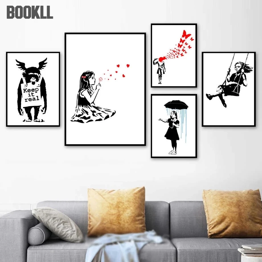 

Banksy Graffiti Art Collection Canvas Painting Girl With Red Balloon Black White Wall Art Poster Nordic Living Room Home Decor