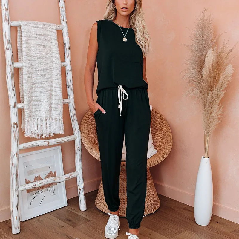 

Summer Sport Leisure Women's 2 Pieces Set Solid Sleeveless Pocket Women Vest Sets Drawstring Casual Ladies Jogger Pants Suits