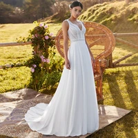 fashion chiffon a line v neck lace wedding dresses sleeveless floor length sweep train corset backless bridal gowns 2021