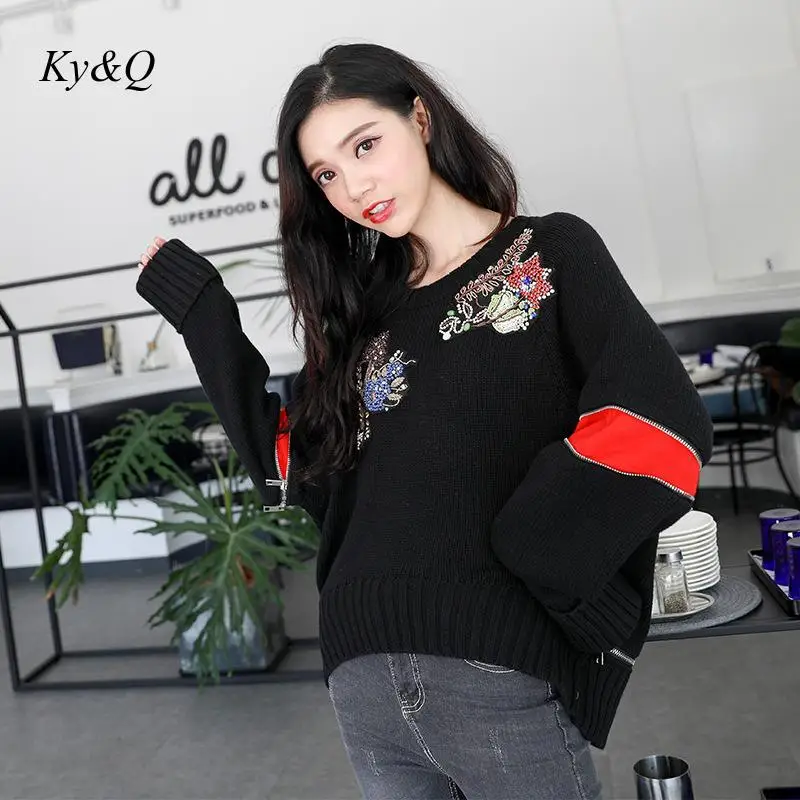 2019 Winter Christmas Oversized Sweater Women Runway High Quality Embroidered Beaded Pullvers Loose Bat Sleeve Luxury Brand | Женская