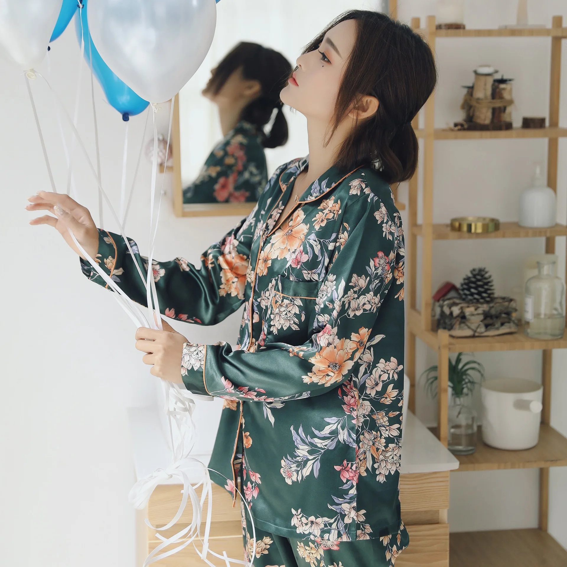 Пижамы с длинными рукавами брюки имитация шелковые пижамы женская новая милая