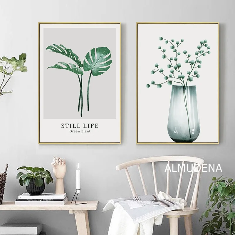 Постер с зелеными листьями акварельных растений настенная Картина на холсте