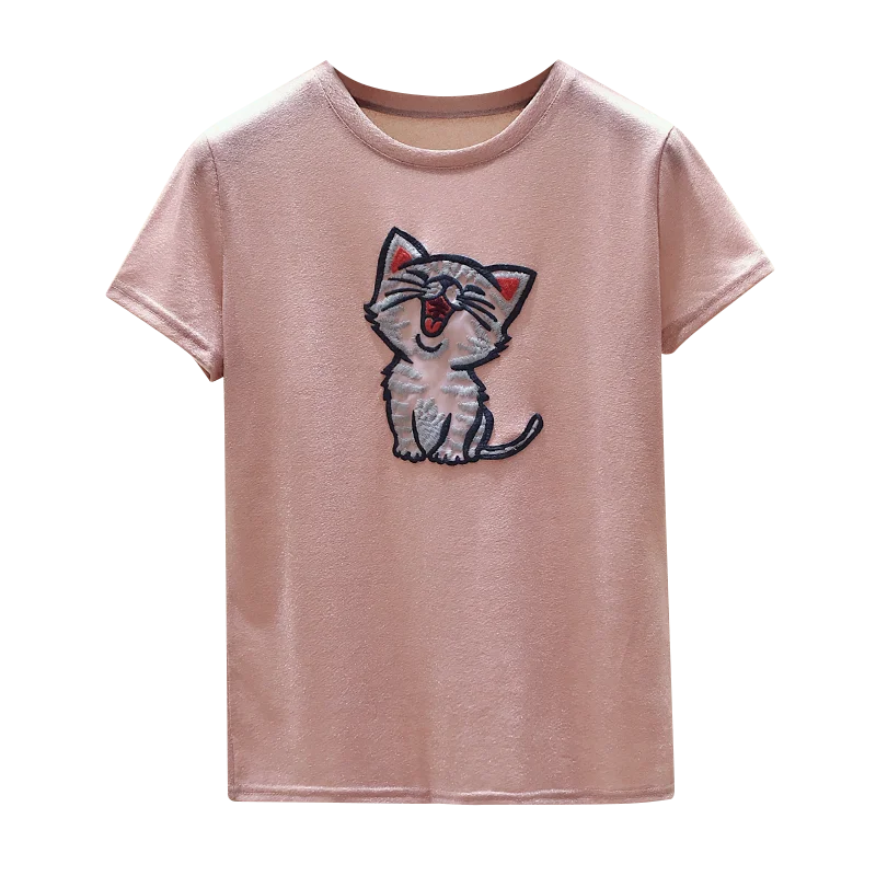 

New round collar short sleeve T-shirt female summer cat embroidery loose XueShengChao ins half sleeve blouse