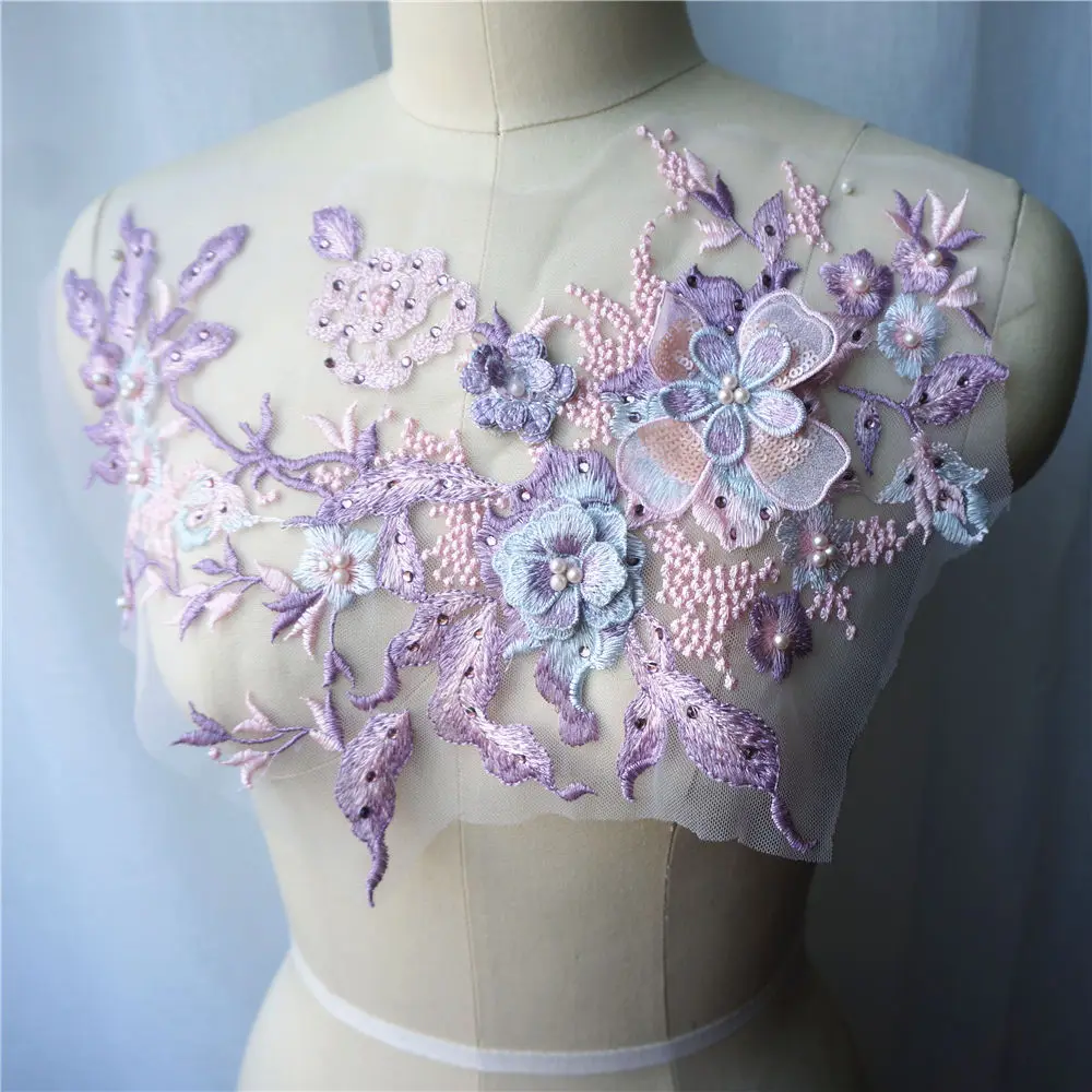 Фиолетовые 3D Цветочные кружевные тканевые бусины вышитая стразами Аппликация