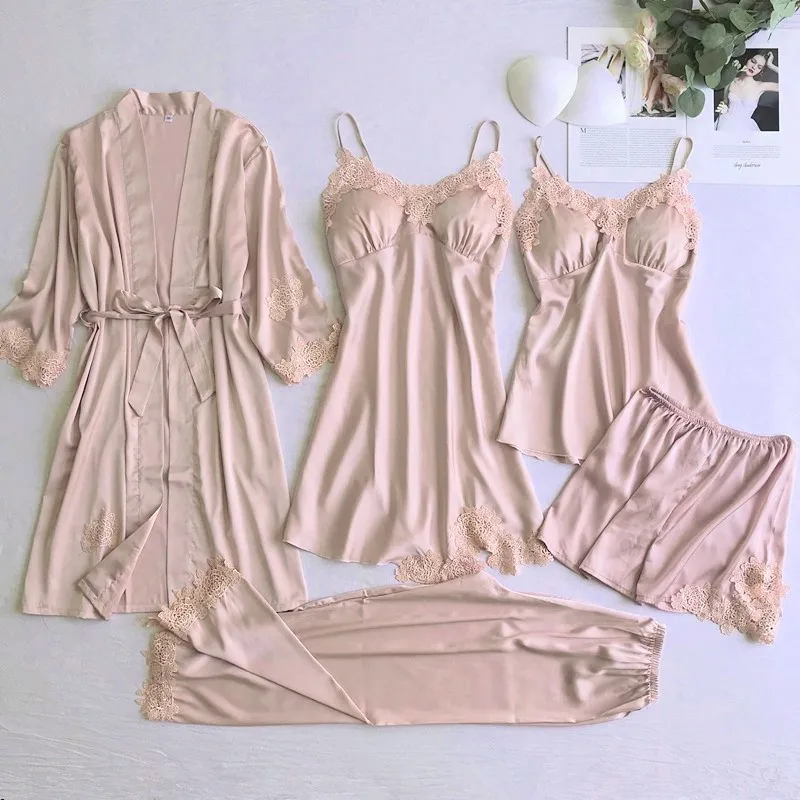 

Sexy Women Lace Home Wear Sleep Set Casual Satin Gray Sleepwear Home Clothing Silky Solid Suit Nightgown Sleepwear