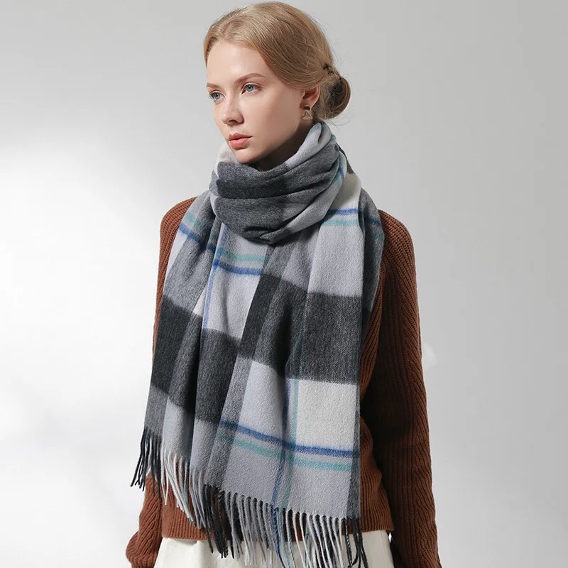 Зимний шарф из 100% шерсти женские плотные теплые шали и палантины клетчатые шарфы