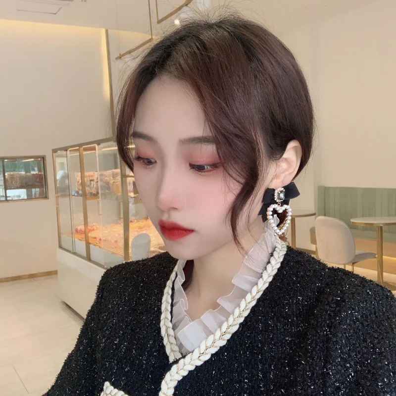 

2021 new geometric heart pearl black bow earring studs, lovely Japanese fashion woman's good party gift jewelry