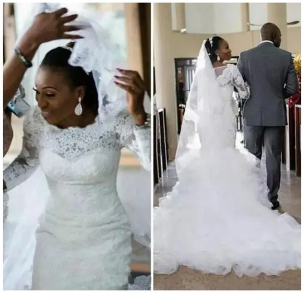 

African Newest Mermaid Wedding Dress Long Sleeve Lace Wedding Gown Fashion Bridal Dresses Gown