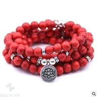 6mm red turquoise mala bracelet 108 beads gemstone pendant wristband energy diy wrist buddhism spirituality chic cuff monk