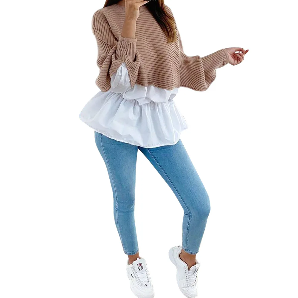 

Fashion Women T Shirt Streetwear Color Matching Fake Two Patchwork Design O-Neck Top Elegant Lady Autumn Winter Casual Shirts