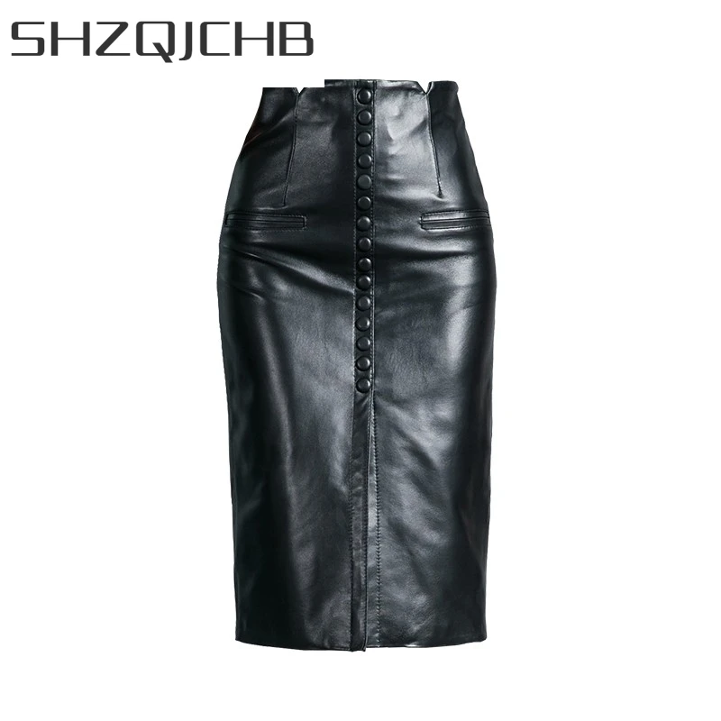 

JCHB 2021 Office Ladies Genuine Leather Pencil Skirt Knee Length High Waist Sexy Split Wrap Skirts Women Slim Fit Elegant Sheeps