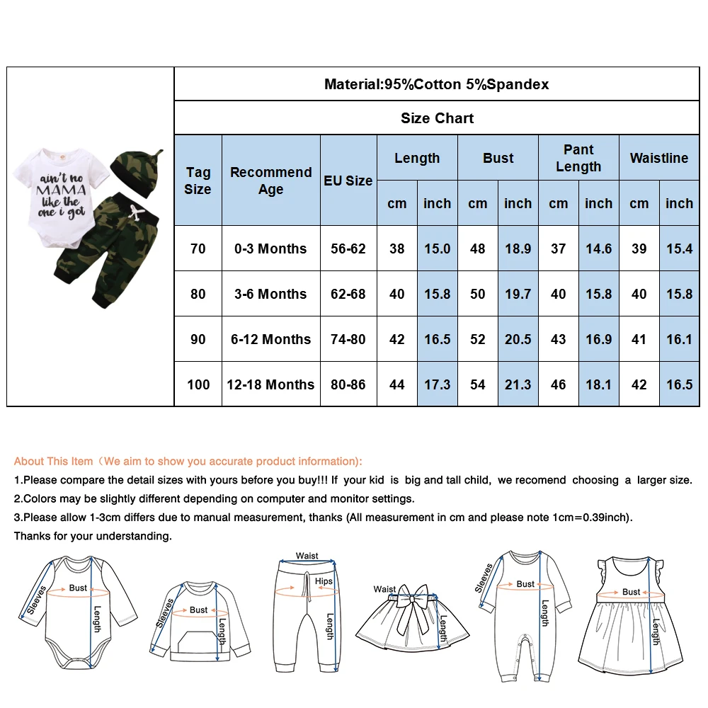 

3PCS Sets Newborn Baby Boys Clothes Summer Short Sleeve Letter Rompers+Camouflage Long Pants+Hat Infant Baby Outfit Clothing D30