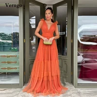verngo a line orange tulle long prom dresses v neck backless tierd bow shoulder tiered skirt women party evening gowns 2022
