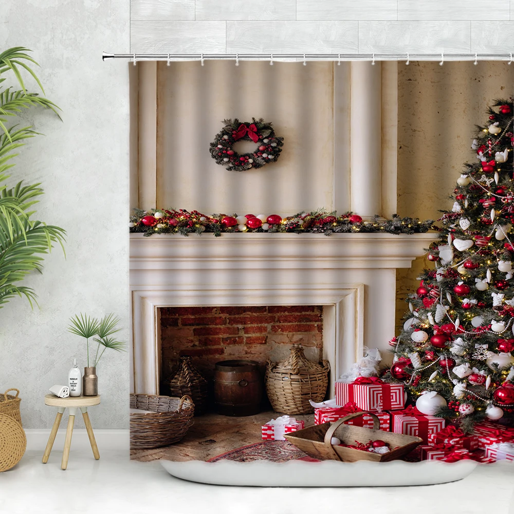 

Набор рождественских занавесок для душа, камин на елку, зимний фестиваль, красный Рождественский шар, Декор, Настенная ткань, подарок, ванно...