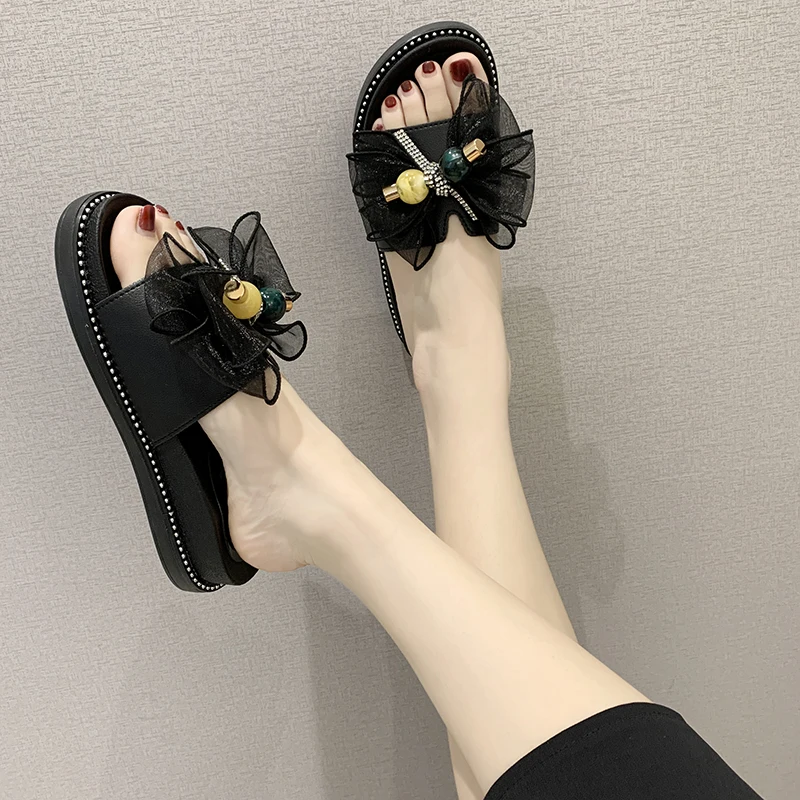 

Slippers Casual Women's Shoes With Platform Low Pantofle Butterfly-Knot Slides Luxury Soft Flat 2021 Summer PU Basic Fashion But