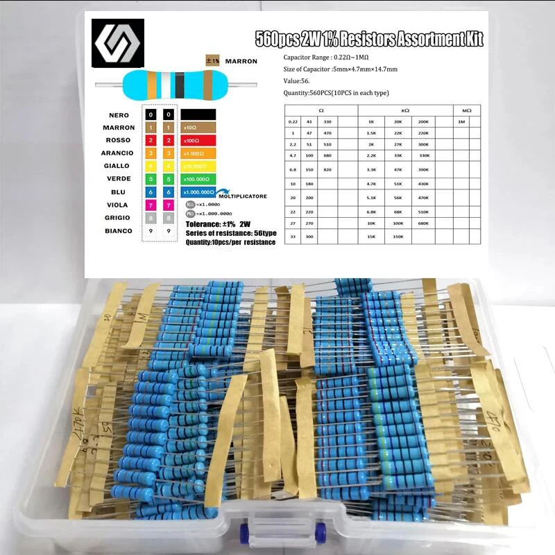 

560pcs 1% 2W 56Values 0.22R ~1MOhm Metal Film Resistors Assorted Kit 10pcs Each value