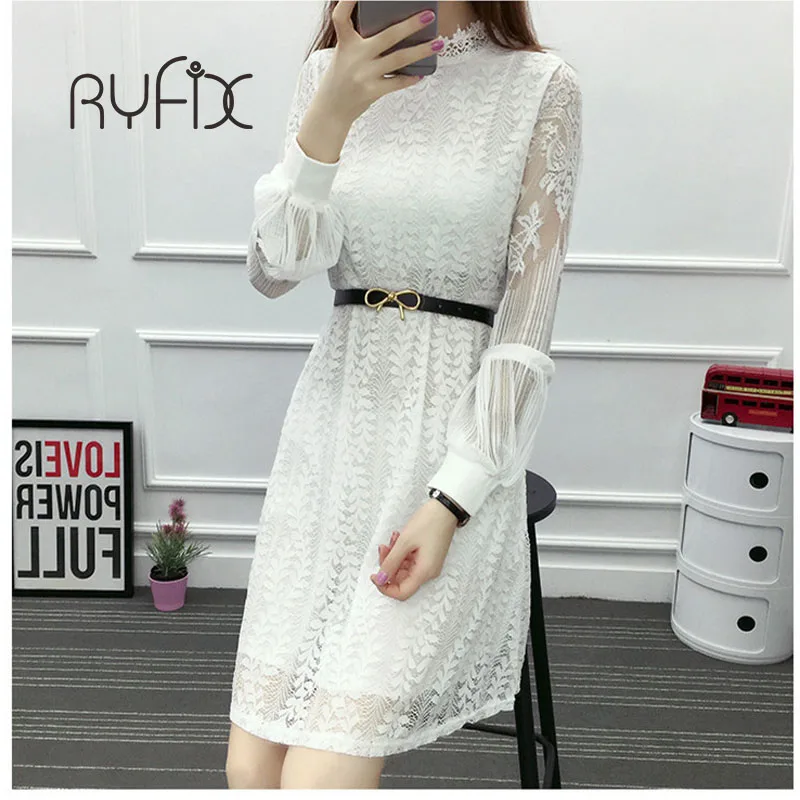 Hollow Out White Dress Sexy Women Mid Chiffon Criss Cross Lantern sleeve O-Neck Long Sleeve Crochet Lace Black BG66 | Женская одежда
