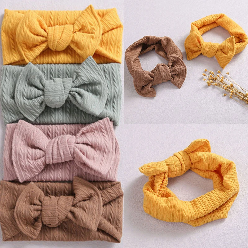 

Cute Pure Color Baby Girls Head Wrap Knot Bow Knitted Striped Fabric Elastic Turban Hairband Casual Soft Wide Stretchy Headwear