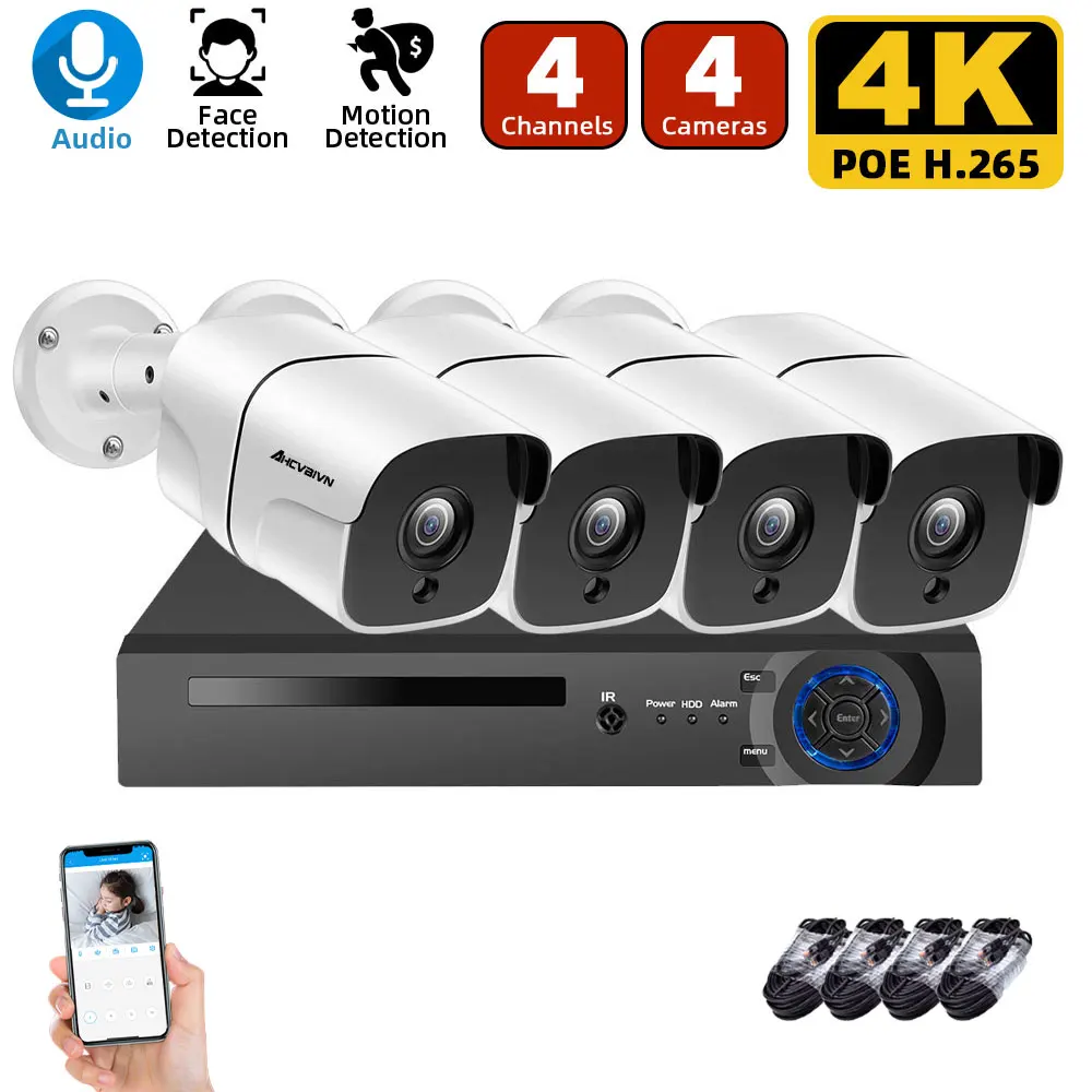 

H.265+ 4CH 8MP 4K CCTV System POE NVR Kit 3840X2160 Audio Waterproof Metal IP Camera Bullet Home Security Camera System Onvif