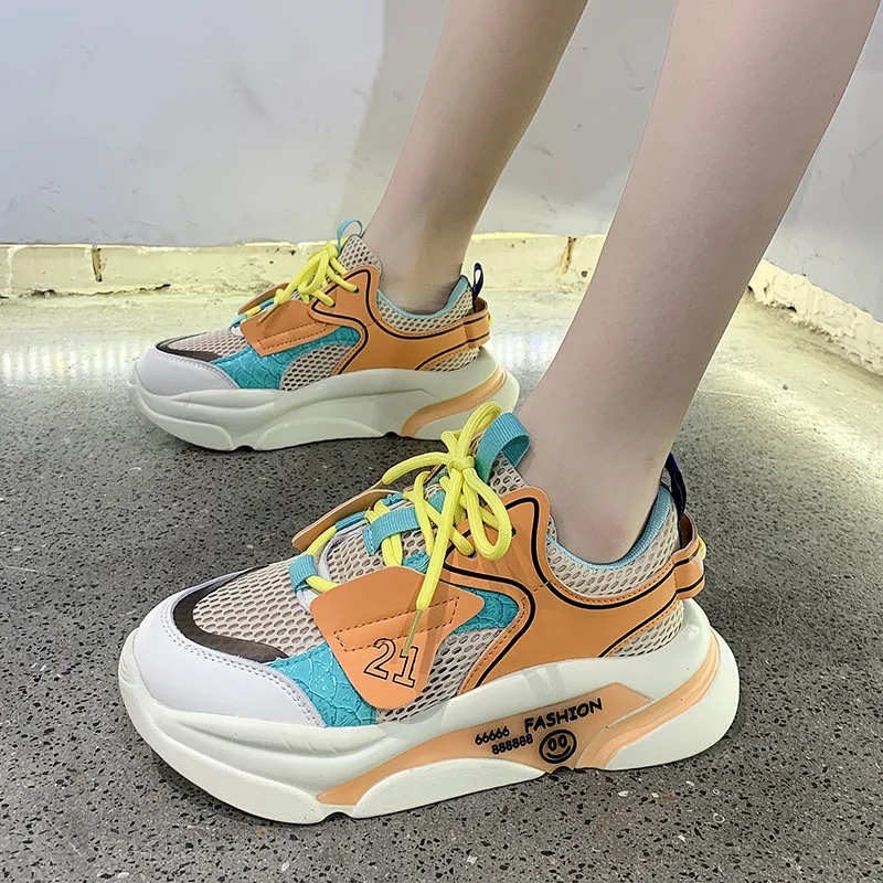 

Fashion Mesh Thick Soled Sneakers Ladies Lace-up Vulcanized Shoes Wearproof Platform Running Shoes Comfortable Chaussure Femmes