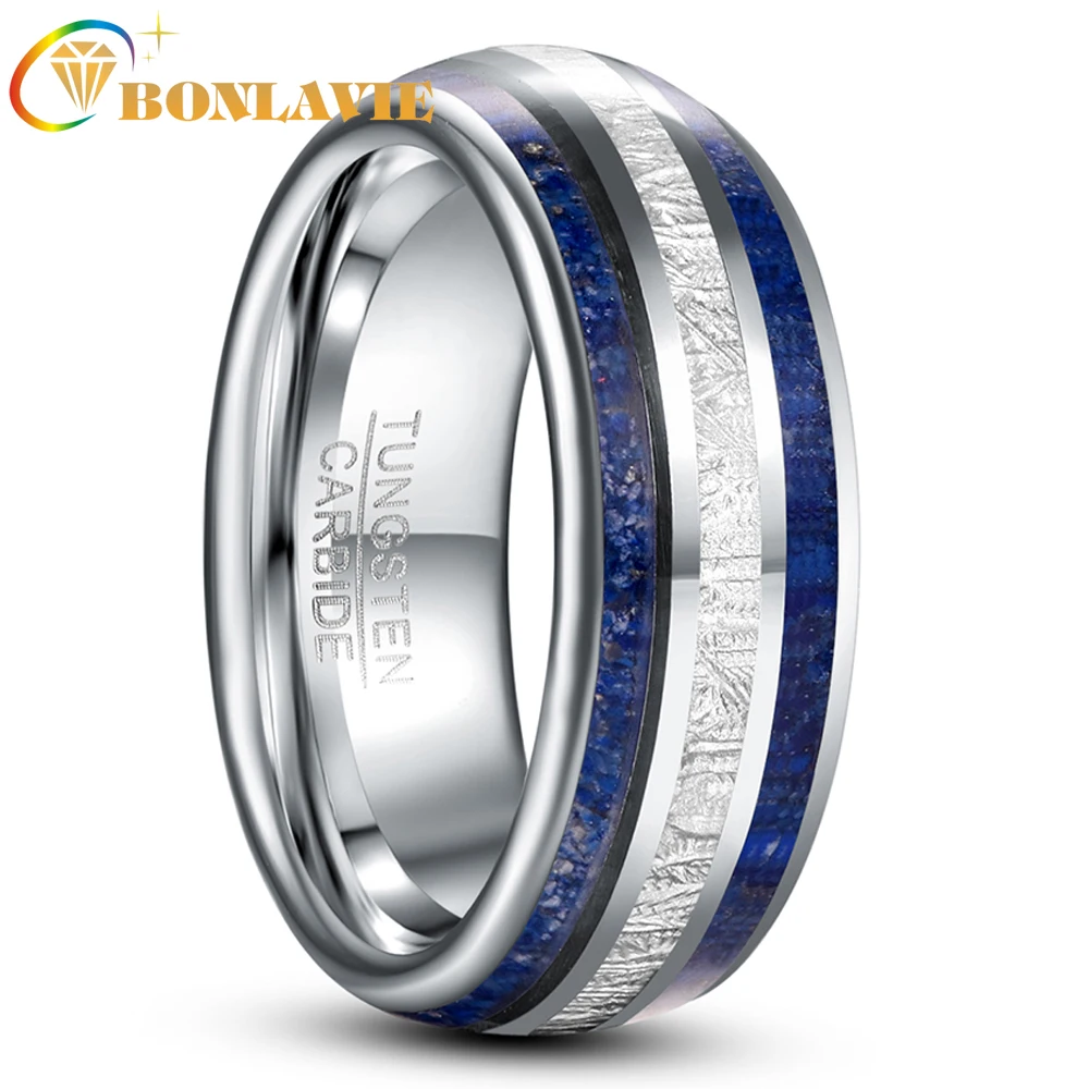

BONLAVIE 8mm Imitation Meteorite Lapis Lazuli Blue Tungsten Carbide Ring Men's Wedding Ring Gift