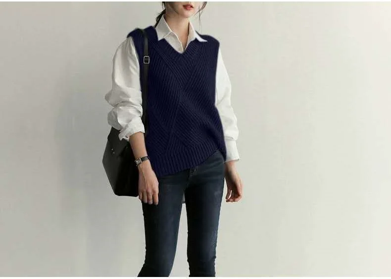 

Knitting Vest Woman Sweater Vest Ladies New Loose V-neck Waistcoat Sleeveless Thread Pattern Vest Knitted Autumn and Winter