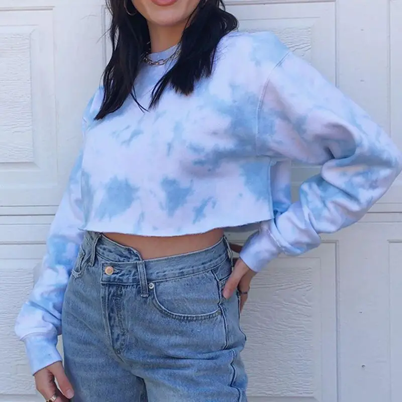 Tie Dye harajuku Oversized Sweat Crop Top Women Short Sweetshirts 2020 O-Neck Long Sleeve Pullovers Tracksuit Clothes