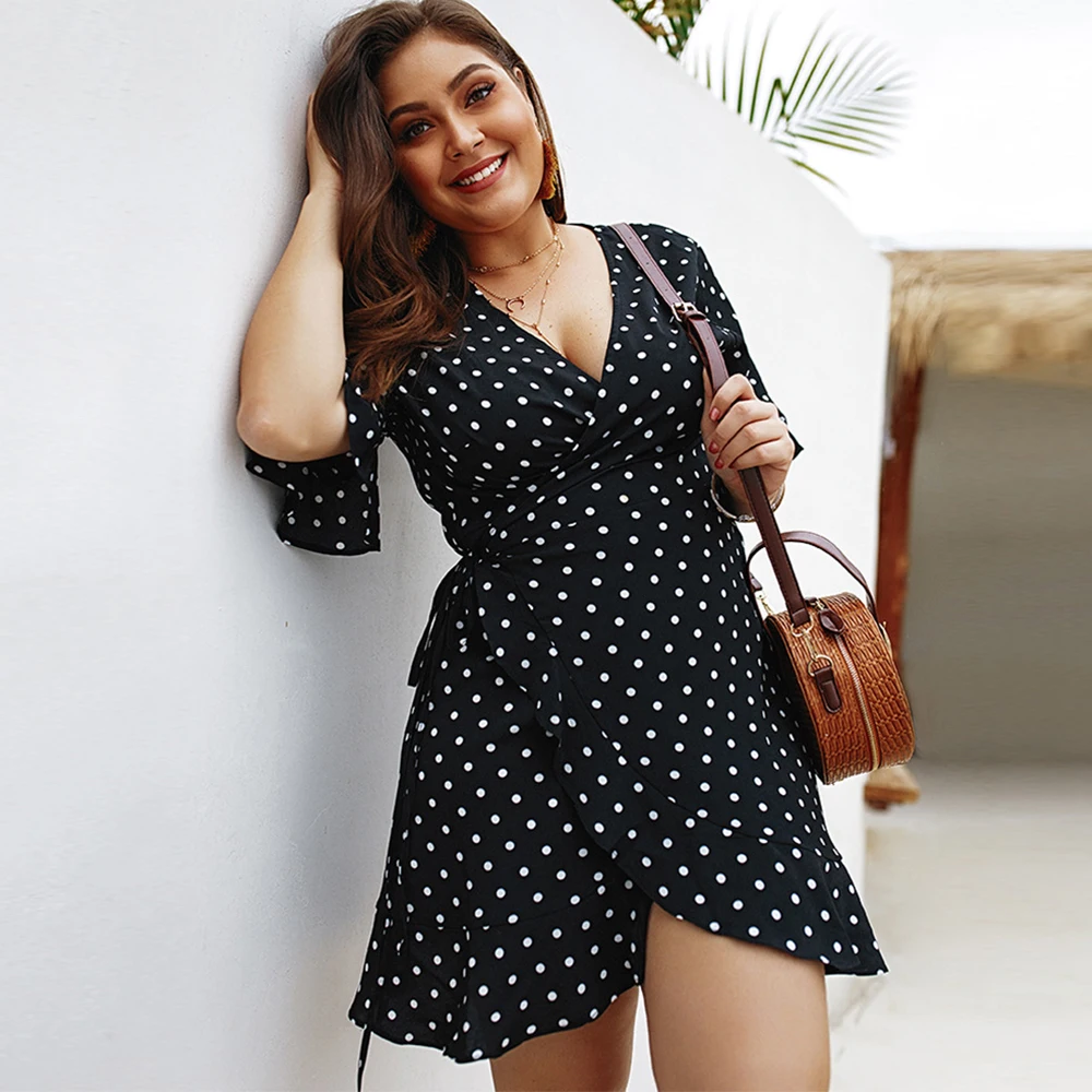 Женское винтажное платье в горошек мини большого размера с коротким