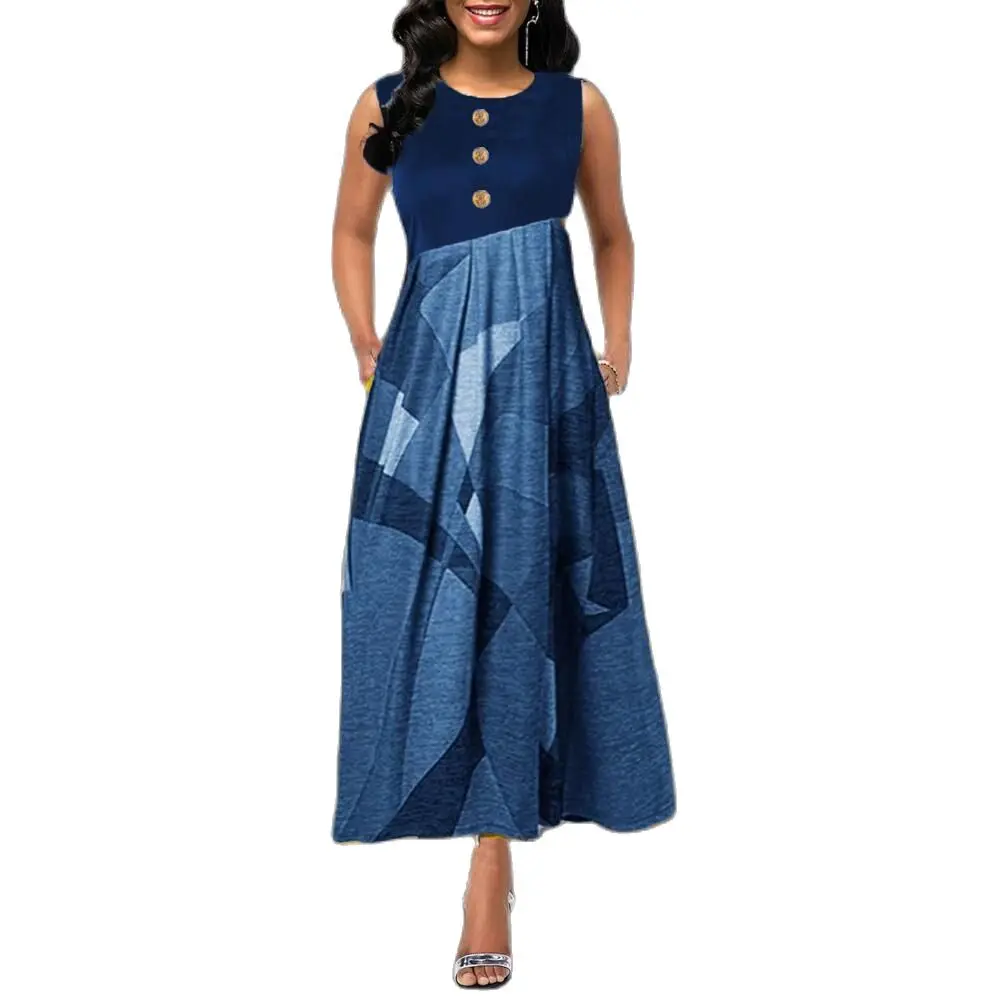 

Summer 2021 Fashion Sleeveless Print Stitching Long Skirt Pleated Button Decoration Dress
